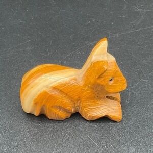 Vintage Banded Agate Stone Cat Figurine Mini Hand Carved Orange White Desk Decor